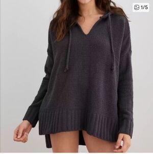 Aerie Oversized Chenille Charcoal Gray Knit Hoodie Sweater